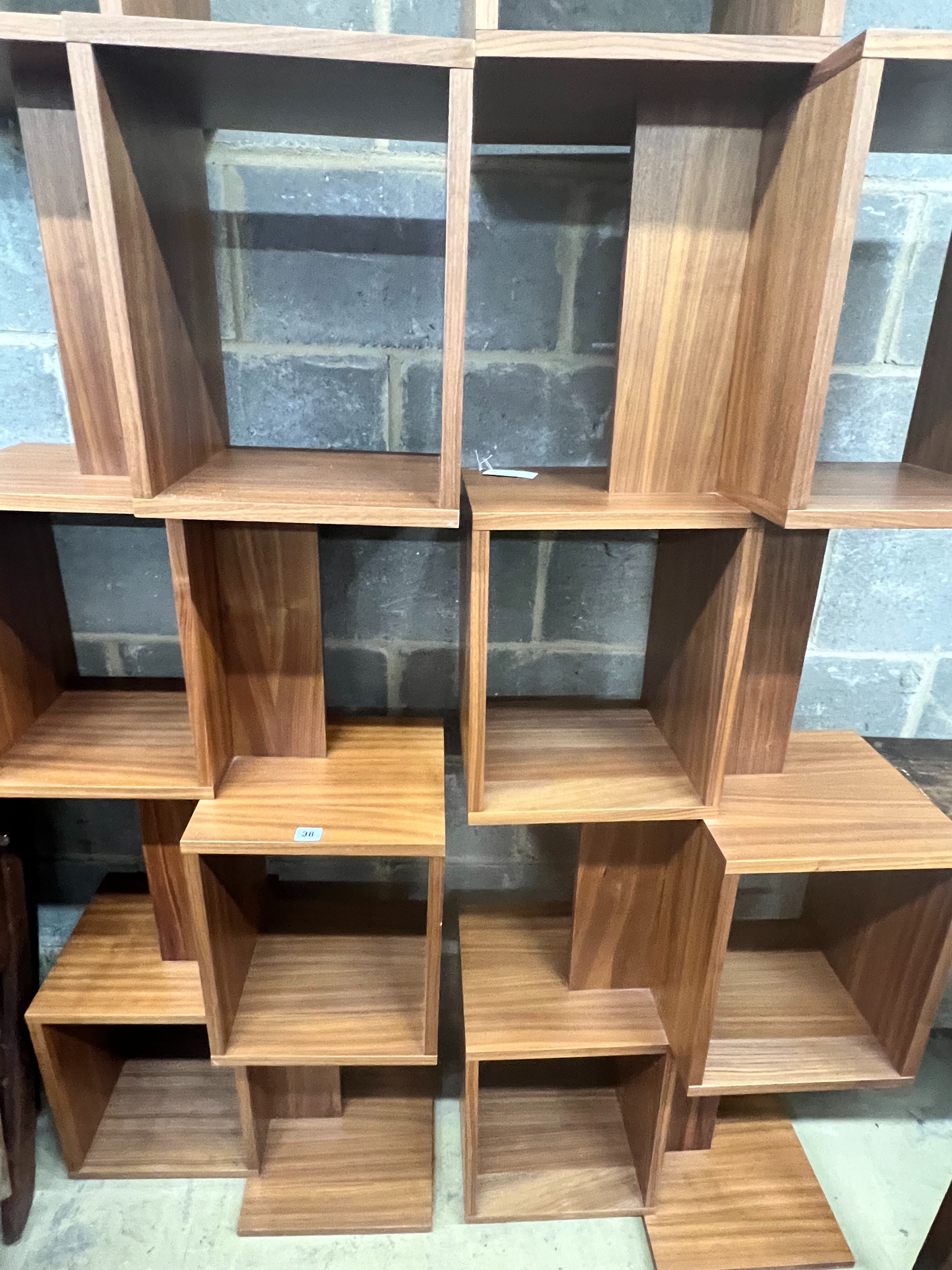 A pair of contemporary walnut open shelf units, width 62cm height 203cm